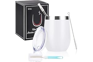 Joymaking 12oz Insulated Stainless Steel Wine Tumbler with Lid and Straw, Double Walled Wine Glass Tumbler Gift for Women, Great for Hot & Cold Drinks -Wine, Champagne, Coffee, Ice Cream (White)