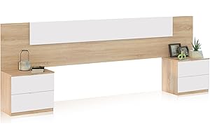 duehome | Cabecero y 2 Mesitas de Noche, Dormitorio Doble, Dormitorio Completo, Modelo Akari, Acabado en Blanco Artik y Roble Canadian