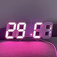 Beauenty 3D LED Digital Alarm Clock Table Wall Modern Alarm Clock Multifunctional Number Time Clock, Brightness Adjustable Temperature Display for Bedroom Office Home (White-Pink)