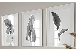 EVIEPOPS PRINTS Grey Exotic Tropical Leaves Wall Art Set of 3 Unframed Prints, Botanical Plant Leaf Decor, Living Room Bedroom Bathroom Office Poster Home Decor, Photographic Print (A3)