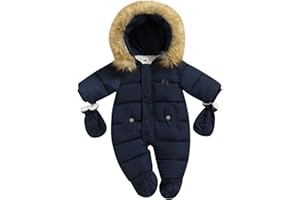 Geagodelia Combinaisons à Glissière pour Enfants avec Gants, Combinaison à Capuche Hiver Barboteuse en Peluche de Couleur Unie avec Poches