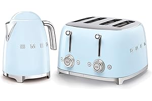 Smeg 50’s Style Retro Range Breakfast Set, 1.7L 3000W Kettle and Multi-Functional Control 4-Slice 2000W Toaster, Pastel Blue, KLF03PBUK/ TSF03PBUK