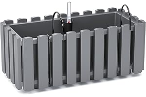 KAGM Blumenkasten Balkonkasten Pflanzkasten Latten-Optik/Landhausoptik mit Halterung Wasserspeicher / 38cm Grau