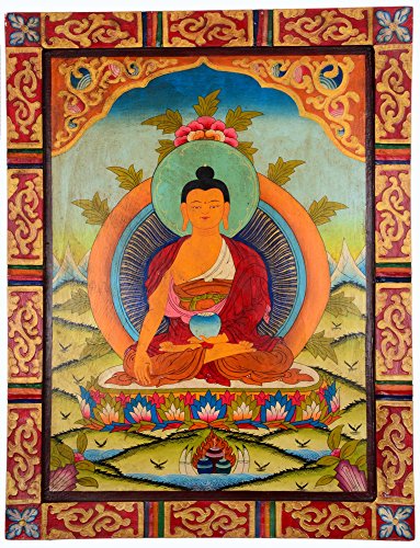 BUDDHAFIGUREN Monasterio Thangka - Buda Shakyamuni - pintado a mano en un panel de madera antiguo - 70 cm x 61 cm