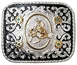 bkL4106 4'' X 3 1/3'' Bronco Busting Cowboy featured on High quality metal alloy trophy belt buckle with 4 x Brilliant Green Stones. Western style filigree accents fits up to 2" belt width.