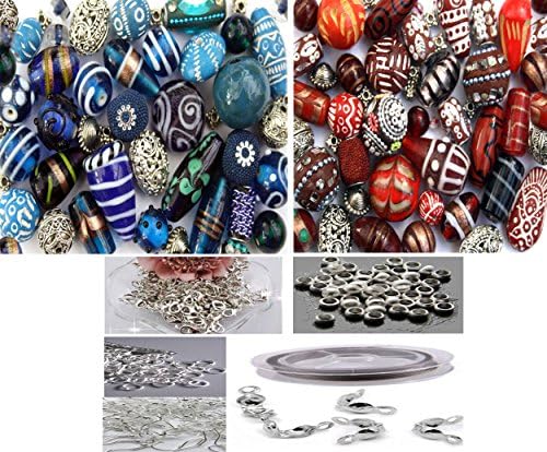 Silver Findings and 2 x Packs of Handmade Glass Wooden &amp; Silver Tibetan Indian for Jewellery Making in Red &amp; Blue