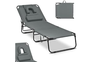 COSTWAY leżak do opalania z otworem na twarz, składany ogrodowy z 3 zdejmowanymi poduszkami i regulacją oparcia, leżak plażowy do ogrodu i basenu (kolor szary)