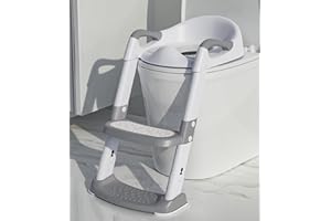 Xespis Adaptador WC Niños con Escalera, Reductor WC Niños, con Cojín Acolchado, Ajustable y Plegable, Antideslizante, Adaptador Baño para Niños(Blanco, Gris)