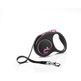 Flexi Black Design S Beden Pembe 5MT Şerit Tasma | Tek elle acil fren, durdur ve git d&uuml;ğmesi, ergonomik yumuşak sap, sağlam k