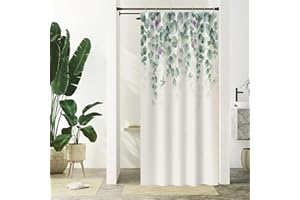 Uiiooazy Cortina Ducha Eucalipto, Cortina de Ducha Hojas Verdes Flor Violeta Planta Cortina De Baño Antimoho Impermeable Poliéster Lavable Opaco Cortina para Ducha con Ganchos para Bañeras 90x180cm