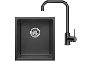 CECIPA Lavello Cucina 1 Vasca 40x44cm con Rubinetto Cucina Nero, Lavandino Cucina Nero, Lavello in Acciaio Inox Rettangolare, Lavello da Cucina con Sifone e Set di Drenaggio, Installazione a Filotop