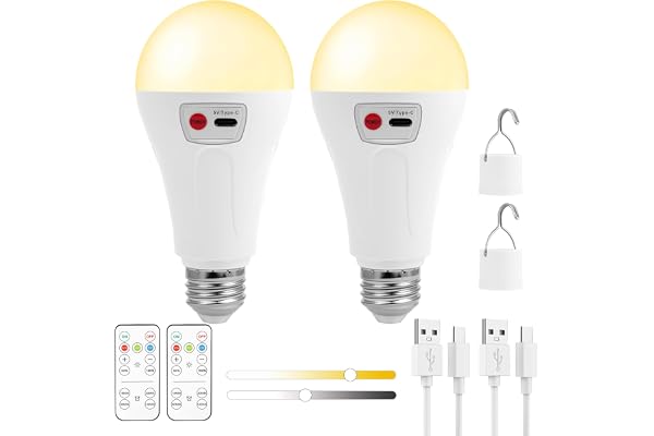 AUAUY 2 Stycken Uppladdningsbar Glödlampa med Fjärrkontroll, E27 7W Intelligent Glödlampa, 3 Justerbara Färger Med Timerfunktion för Nödbelysning i Hemmet och Utomhus