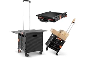 LEXONELEC Einkaufstrolley 360°-Rollen Tragbar Sackkarre Klappbar Einkaufskorb mit Rollen Einziehbare Magnetische Tisch-Schiebeabdeckung Klappboxen Stabil bis 55kg Transportwagen (mit Deckel)-Schwarz