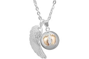 AEONSLOVE Collier Bola de Grossesse avec Petites Empreintes, Collier Musique Carillon Bell Pendentif de Ailes d'Anges pour Femmes Enceinte Bébé Cadeau Original Noel, 114cm