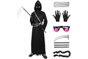 Suffolly Deguisement Faucheuse Enfant, Deguisement Halloween Enfant Garcon, costume faucheuse enfant avec Capuche et Yeux Brillants Faucheuse Halloween la faucheuse costume pour Halloween carnaval