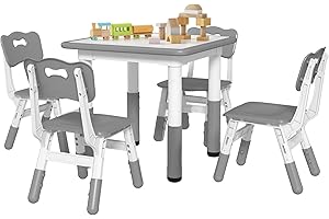 AIYAPLAY Set Tavolino e Sedie per Bambini 18-60 Mesi, Design Salvaspazio, Altezza Regolabile, Tavolo per Bambini con Lavagna per Cameretta, in Legno e PP, per 4 Bambini, Grigio