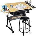 Drawing Tables for Artists, Height & Angle Adjustable Art Craft Drafting Table, Metal Frame Glass with Stools and Drawers Tabletop,Tiltable Art Craft Desk Work Station for Painting, Writing (black)