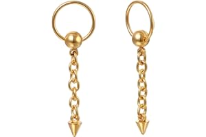 JewelryWe Jewellery Men's Creole Earrings with Awl Taper Tip, Chain and Cuboid Pendant Stainless Steel Ear Cuff Stud Earrings Ear Piercings for Men Women Black/Gold/Silver