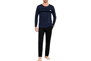 Marvmys Herren Schlafanzug Langer Winter Pyjama Set Herren Schlafanzüge Länge Baumwolle Rundhals Men's Langarmshirt Bündchen Pyjamahose Mit Taschen S-3XL