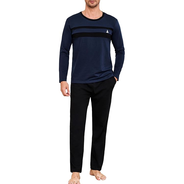 Irdcomps Pyjama heren lange pyjama katoen tweedelige nachtkleding set mannen winter ronde hals met borstzak, zwartblauw, XL