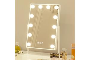 FENCHILIN Hollywood Lustro do makijażu z oświetleniem, 12 ściemnianych lamp LED, obracane o 360°, lusterko kosmetyczne z 3 kolorami światła, 10-krotne powiększenie, dotykowe sterowanie, białe, 30 x 41