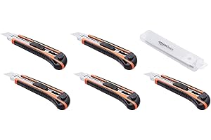 Amazon Basics Resistente taglierino retrattile con manico ergonomico e lama bloccabile in molteplici posizioni con 10 lame affilate di ricambio in apposito contenitore, confezione da 5, Arancione/Nero