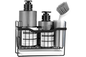 MainPi Soporte Esponja Fregadero,Organizador Estropajo Fregadero Acero Inoxidable,Organizador Fregadero Cocina Estropajo y Jabon,Soporte Guardar Esponja de Cocina con Bandeja de Drenaje (Negro)