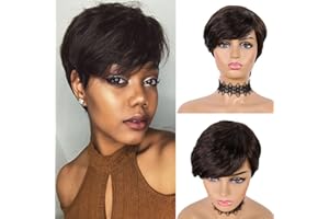 QIHANG Perruques courtes de cheveux humains marron foncé Perruques coupées en lutin avec frange Perruques avant de lacet perruques brésiliennes de cheveux humains pleine machine pour les femmes noires