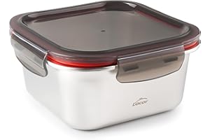 LACOR - 64613 - Recipiente para alimentos cuadrado Ecoinox, Acero inoxidable 18/10, 650 ml, Apto para microondas, horno, congelador y lavavajillas, Hermético, 4 Cierres de clip, BPA Free