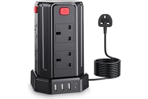 KEMELO Tower Extension Lead, [13A 3250W] Surge Protector Extension Lead,8 AC Outlets & 4 USB Ports Multi Plug Socket Power Strip with 3M Extension Cable for Home, Office