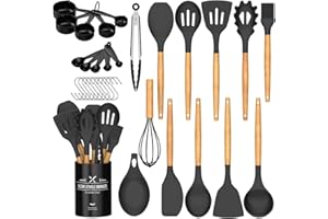 Umite Chef Kitchen Cooking Utensils Set, 24 pcs Non-Stick Silicone, Spatula Set with Holder, Wooden Handle Heat Resistant Kitchen Gadgets (Black)