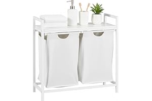 Relaxdays Kosz na pranie z 2 wysuwanymi koszami na pranie, z półką, wys. x gł.: 72 x 73 x 33 cm, metalowy kosz na pranie, biały/szary