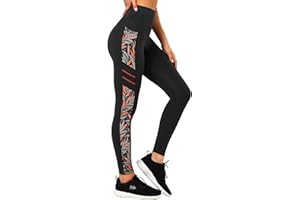 Yvette Leggings de Sport Femmes Opaque Taille Haute Pantalon Imprimé de Yoga Non Transparent Doux avec Poches Jogging Fitness Pilates