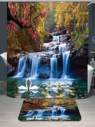 Exoticbuy Waterfall Swans Shower Curtain + Bath Mat Set Waterproof Bathroom Decor