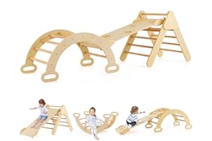 ‎COSTWAY COSTWAY Kletterdreieck mit Rutsche, Kletterbogen, inkl. doppelseitige Rampe, zum Klettern, Rutschen und Wippen, 4 in 1 Klettergerüst Indoor ab 1 Jahr (Holzfarbe)