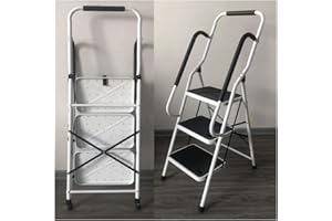 AUTOFU Escabeau 3 Marches avec 2 Rampes de Sécurité & Garde-Corps,Échelle Pliable en Acier Max.150 kg - Escabeau Ménager pour Intérieur/Extérieur