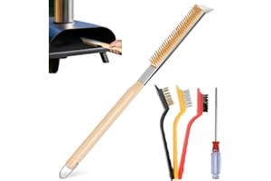 NCOALE Pizzaofen Bürste, 66 cm Pizzaofen-Zubehör mit Stahlschaber Edelstahl Pizzaofenbürste Grillbürste Messingborsten Holzgriff für Außenöfen Gasgrill
