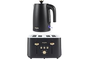 Salter Alchemy Kettle & Toaster Set – 1.7L BPA-Free Electric Kettle with 3kW Rapid Boil, 360° Swivel Base & Boil Dry Sensor, 4-Slice 1850W Toaster with 7 Browning Levels & High-Lift Eject, Black/Gold