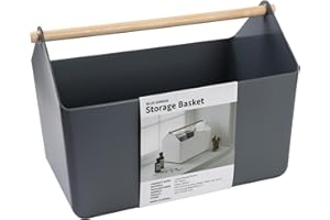BLUE GINKGO Large Storage Basket – Plastic Caddy with Wooden Handle for Bathroom, Pantry, or Cleaning Supplies (Grey)
