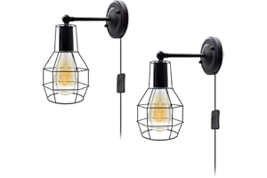 PULIAO Industrial Wall Lights Plug in Wall Lighting 2Pcs Metal Wire Cage Wall Lamp E27 Wall Light with Plug, 240° Adjustable Wall Sconce with 180cm Cable & Switch, for Loft Bar Kitchen (No Bulb)