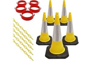 STREET SOLUTIONS UK Set of 5 ​Traffic Cones, Plastic Security Cone Chain Barrier ​and​ Links - ​For​ Road ​and Driveway Safety - ​Use for​ No Parking ​or​ Entry - Red, White ​and​ Reflective​ Design (Yellow)