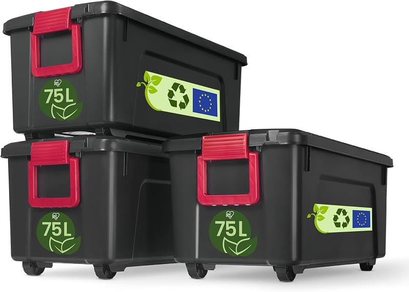 Iris Ohyama, juego de 3 grande cajas de almacenamiento para bricolaje, 75 L, con cierre a presión, apilable, garaje, jardín - Store it All Box SIA-75 - Negro