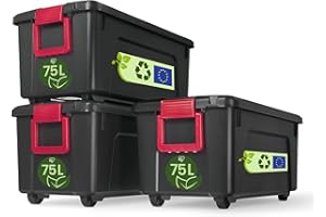 Iris Ohyama, Scatole grandi, portaoggetti in plastica, con coperchio e cips di chiusura, 75 L, Lotto di 3, impilabile, con ruote, senza BPA, soffitta, tettoia, garage, SIA-75, nero