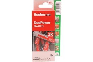 fischer - Duopower 8x40 Con Tornillo - 8U, Tacos para pared multimaterial, sirven para Colgar Bicicletas, Cuadros, Armarios, Soportes de Televisión, Estanterías, Muebles.