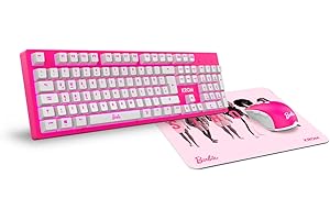 ‎KROM KROM Kit Tastatur, -Maus und -Mausunterlage Barbie Edition KANDY - Weiße LED-Membrantastatur, Maus optischem Sensor 6400 DPI, Mause-Matte hat eine Gummibasis, Deutsch layout, pink