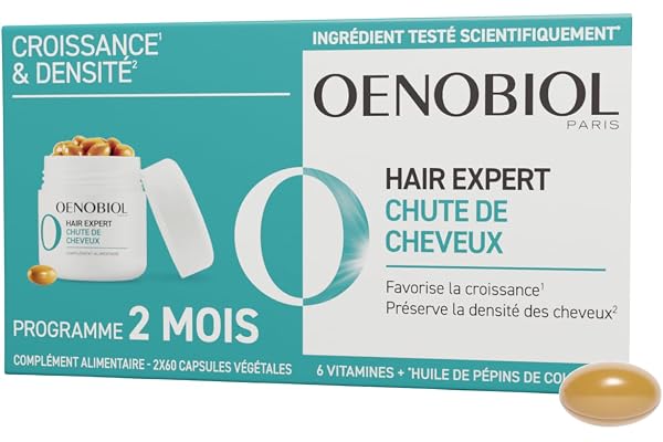 OENOBIOL HAIR EXPERT Chute de Cheveux - Nouvelle formule concentrée - Favorise la croissance - Préserve la densité des cheveux -Complément alimentaire 2x60 capsules-Programme 2 mois
