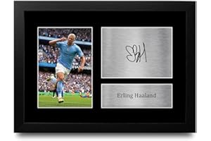 HWC Trading FR A4 Erling Haaland Manchester City Cadeaux imprimés photo autographe signée pour les fans de football et les supporters - A4 Encadré