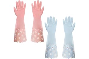 Sibba Dishwashing Cleaning Gloves, 2 Pairs Long Cuff and Flock Lining Household Cleaning Gloves, Reusable Rubber Gloves Non-Slip Laundry Kitchen Gardening Household Gloves