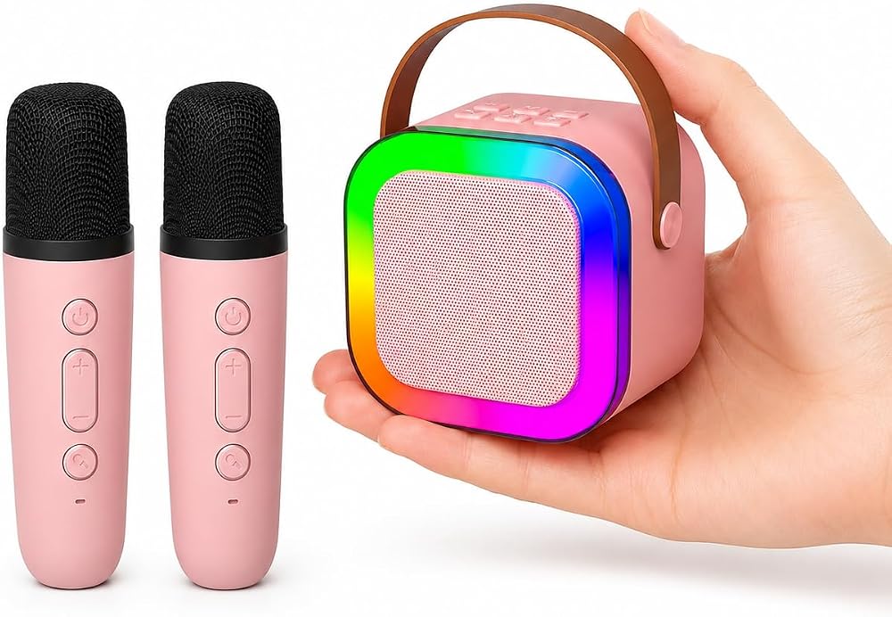 Coverzone Mini Boy Kablosuz Mikrofonlu Karaoke Makinesi Taşınabilir Bluetooth Hoparlör Seti Bas Tiz Ayarlı Hoparlör Yetişkinler ve Çocuklar İçin Hafıza Kartı ve USB 10x10x6cm (Çiftli K12 -Pembe)