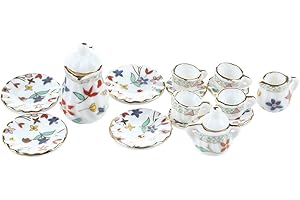 Beauneo 15 Piezas en Miniatura de Comedor casa de munecas de Porcelana vajilla Juego de te vajilla Placa Copa Impresion Floral Colorida